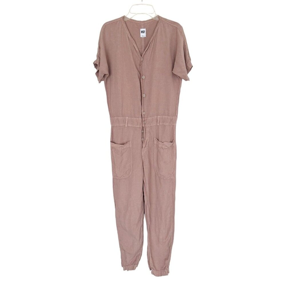 NSF Mauve Button Front Jumpsuit With Pockets & Elastic Hem Womens Size XS Linen